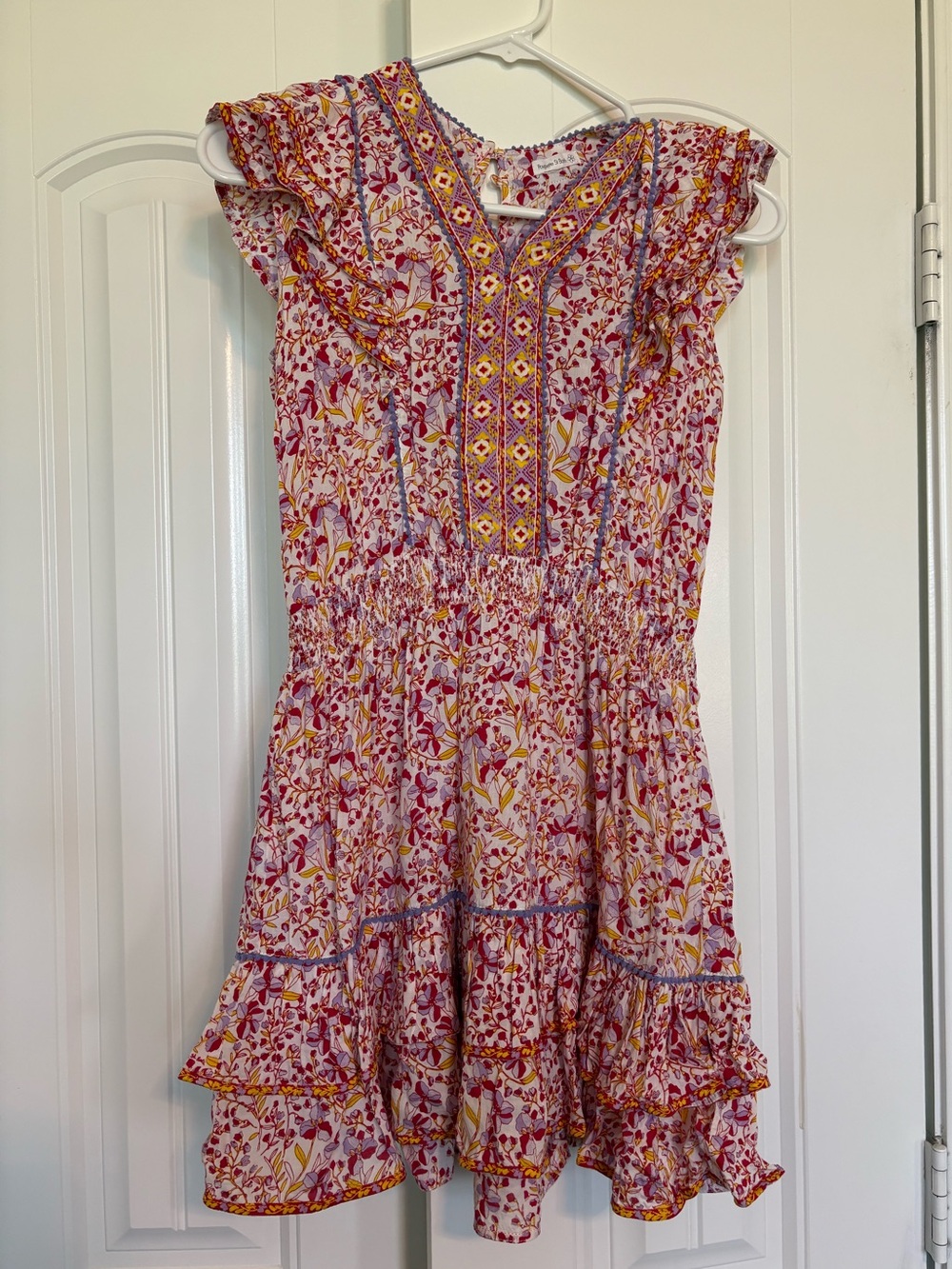 Poupette St Barth Pink Floral Tiered Casual Dress with Yellow Accents